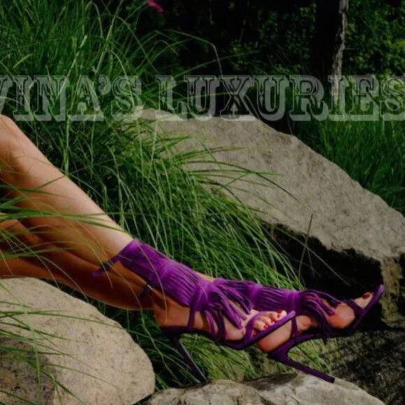 GUCCI SHOES BECKY BEIGE SUEDE FRINGED HIGH HEEL SANDAL sz 36.5 / 6.5 - Picture 3 of 9